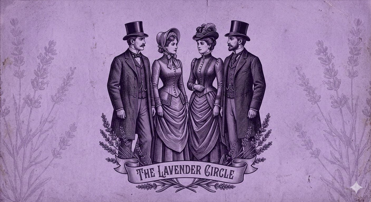 Vintage engraved-illustration style collage of historical LGBTQ+ figures from the Lavender Circle — including Rock Hudson, Judy Garland, Cole Porter, and Oscar Wilde